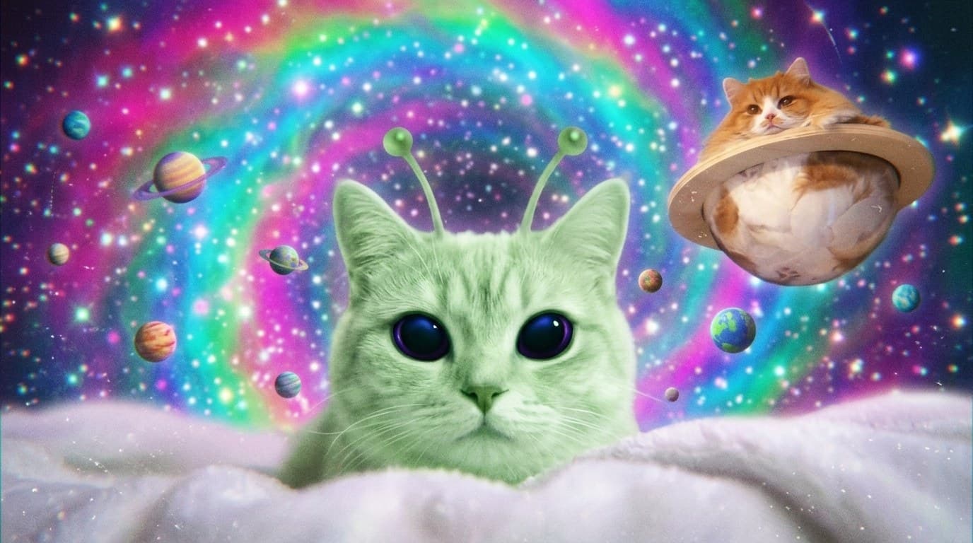 A green alien cat looks into frame from a bed while the ringed ginger cat planet hangs in a spiral of stars behind it.