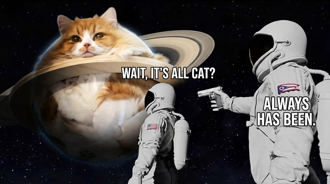 The two astronauts meme in orbit. One looks back at the ringed ginger cat filling the view and asks whether it is all cat. The other answers that it always has been.