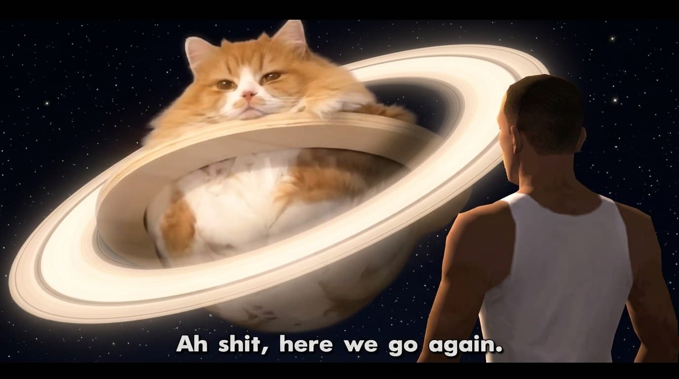 A man in a white vest turns to look at the ringed ginger cat planet rising behind him, captioned here we go again.