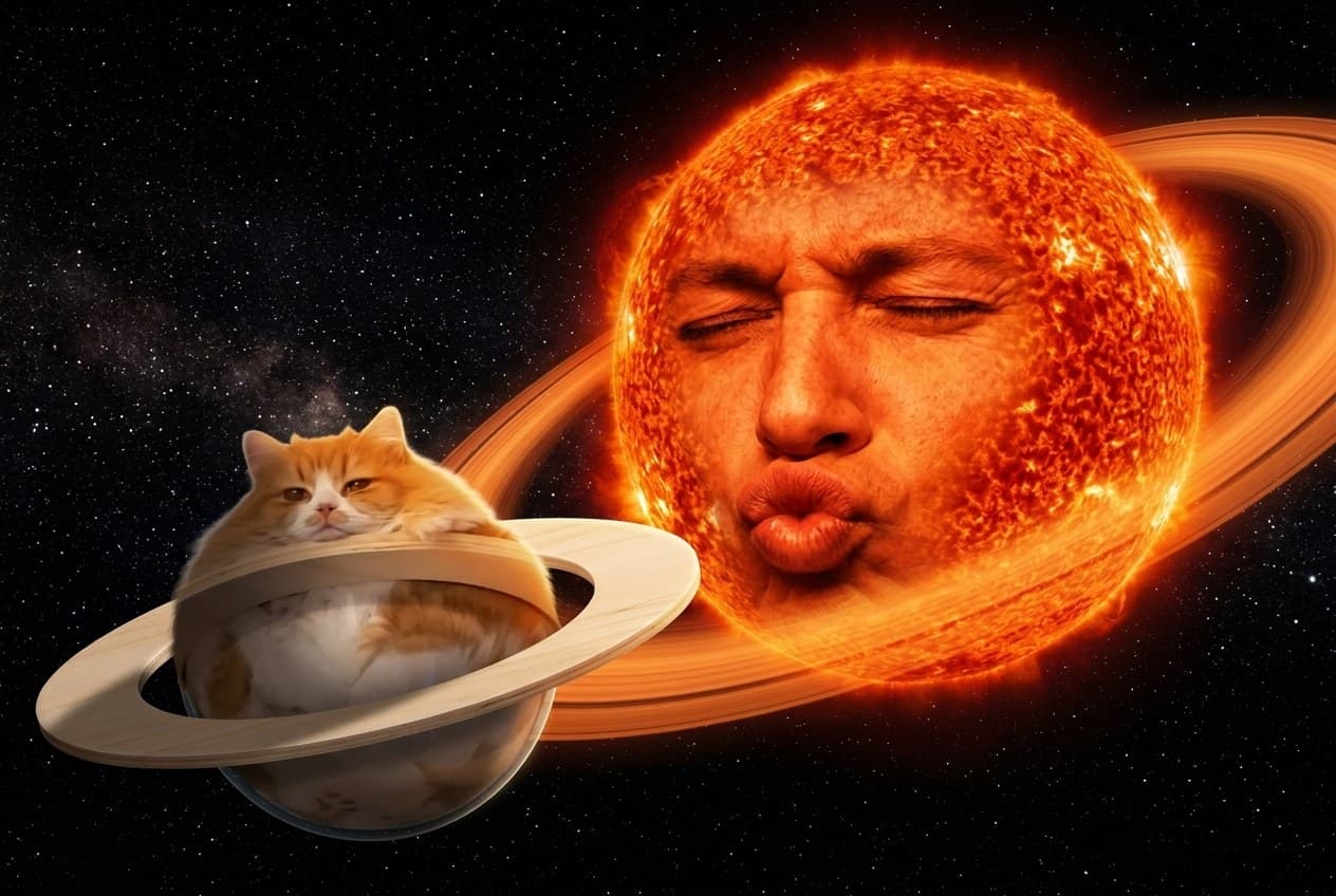The ringed ginger cat planet drifts close to the Sun in a wide space vista.
